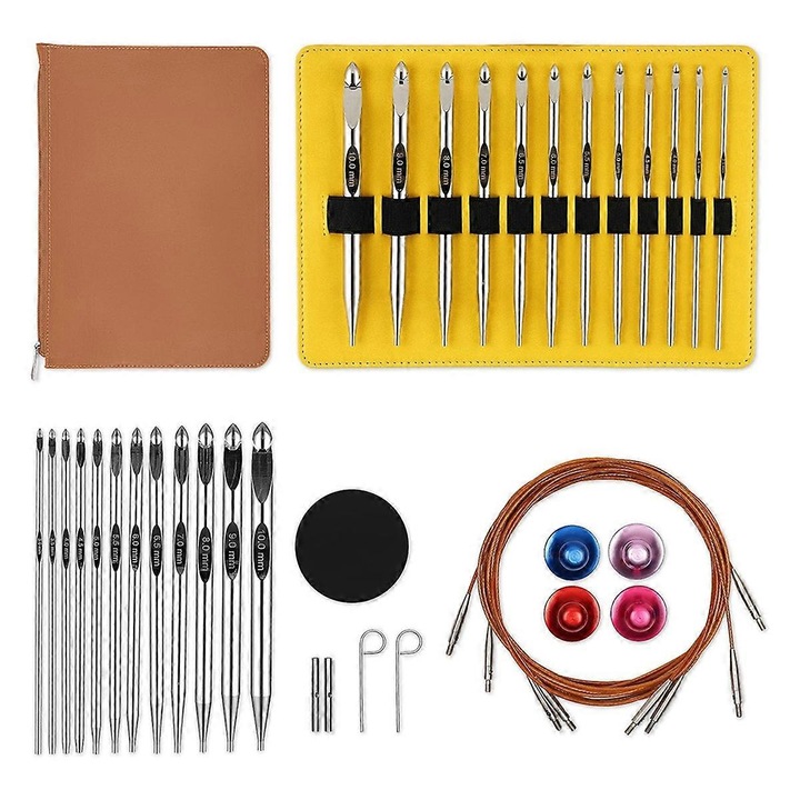 Set crosetat tunisian cu cablu, 12 varfuri, 4 cabluri rotative, 6 inch, aluminiu