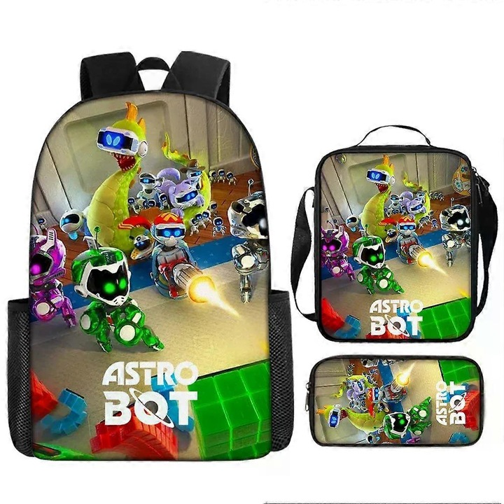 Ghiozdan scolar Astro Bot, set cu penar si geanta de umar, multicolor