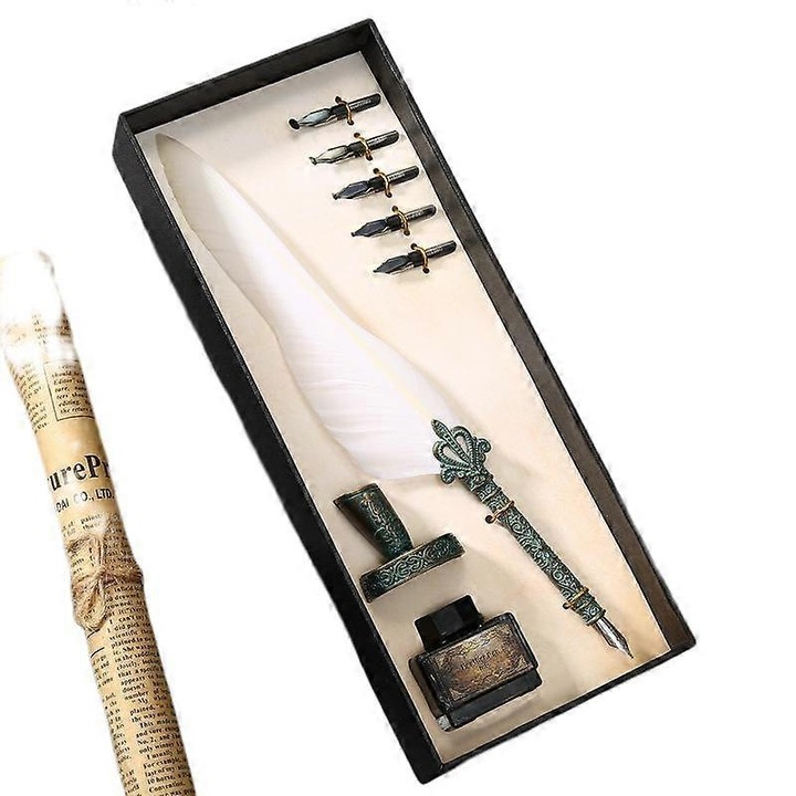 Set de stilou vintage cu pene, 1 stilou cu pena, 5 varfuri de rezerva, suport, cutie de ambalare, alb