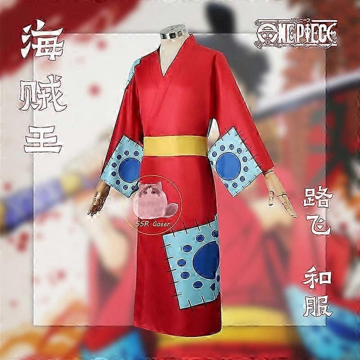 Costum Anime Luffy, Kimono Unisex, Set cu Cardigan si Palarie, Rosu, XXL
