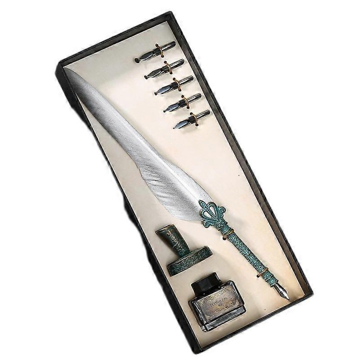 Set de stilouri vintage cu pena, 1 pena cu varf plat, 5 varfuri de rezerva, 1 suport, 1 cutie de ambalare, 1 sticla de cerneala, argintiu