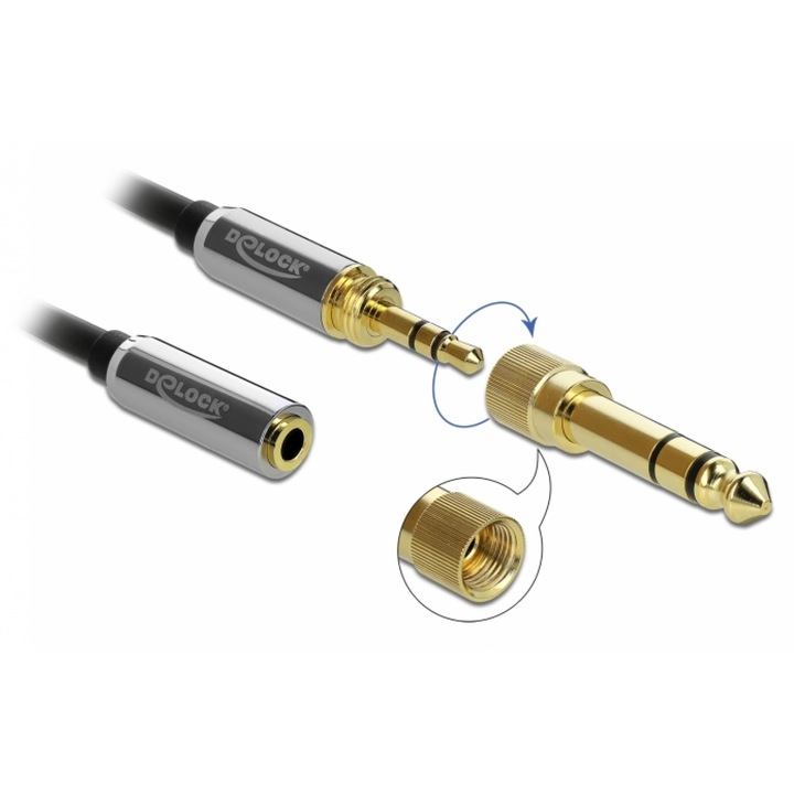 Cablu prelungitor spiralat jack stereo 3.5mm 3 pini T-M + adaptor 6.35mm 1m, Delock 85831