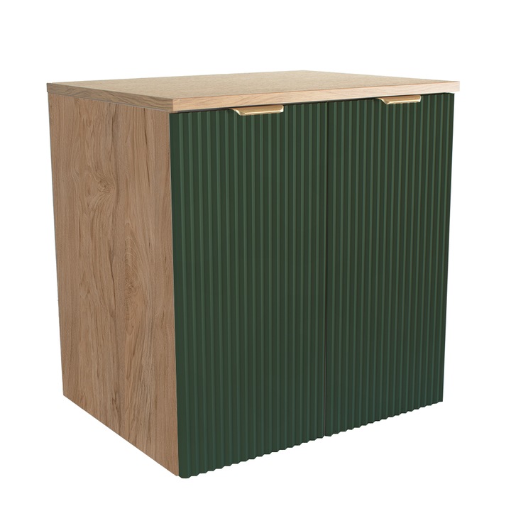 Dulap pentru lavoar Wena Meble cu usi, fronturi canelate Willy, 60x60x47 cm, Verde/Nuc