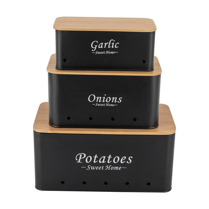 Set 3 cutii depozitare, design modern, utilizare versatila, negru, dimensiuni variate