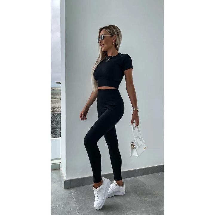Compleu Slim Fit, Colanti + Tricou, Material Tetra, Negru, Negru