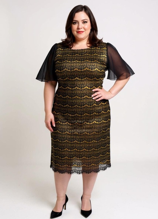 Rochie pentru ocazii, din dantela , model elegant, negru si galben