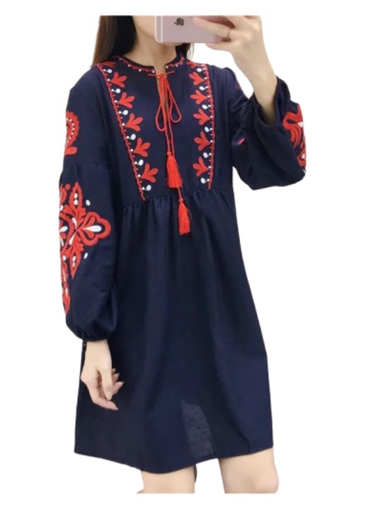 Rochie scurta Vyshyvanka, Albastru inchis, Marime unica