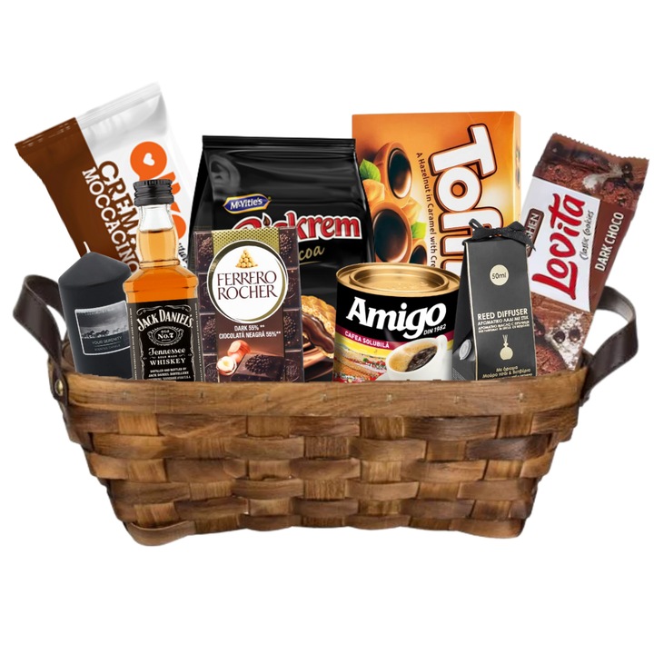 Cos Cadou Elegant cu Delicii, Biscutii BISKREM, PRAJITURA CASEI Alka, Biscuiti ROSHEN lovita, AMIGO Cafea Solubila, TOFFIFEE Praline, FERRERO ROCHER, JACK DANIELS, Odorizant Camera, Lumanare Parfumata, Cos Decorativ Oval