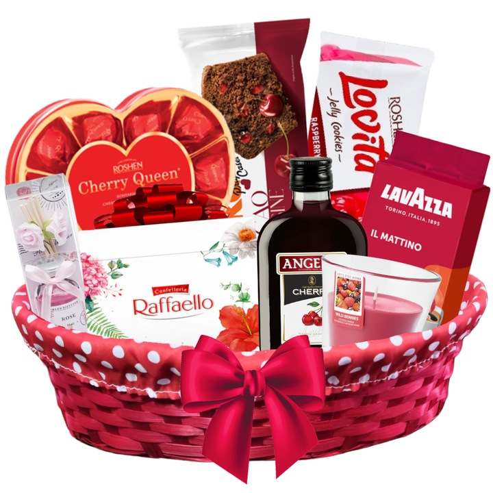 Cos cadou pentru orice Ocazie cu Praline Raffaello 300g, Lichior ANGELLI 0.2L, Cafea LAVAZZA Matino 250g, Prajitura Casei 350g, Biscuiti zmeura 135g, Bomboane cu Lichior de Visine 122g, Odorizant Camera Trandafir 30ml, Lumanare Parfumata, Cos decorativ