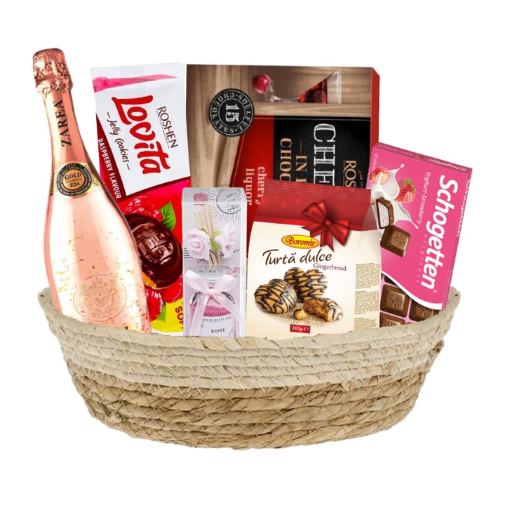Cos cadou menit sa impresioneze, ZAREA ROYAL GOLD, Biscuitii si bomboane de ciocolata ROSHEN, BOROMIR Turta Dulce, Ciocolata Schogetten, Odorizant camera cu aroma de Trandafir, Cos Decorativ