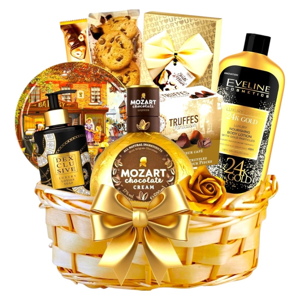 Cos Cadou Gold Edition pentru Femei – Set Cadou cu Lichior Mozart