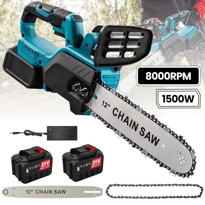 Fierastrau cu lant electric, 12 inch, motor fara perii, 2 baterii 1500 mAh, diametru maxim de taiere 30 cm