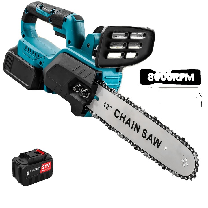 Elektromos láncfűrész, 12 col, szénkefe nélküli motor, 30 cm, 1X akkumulátorral