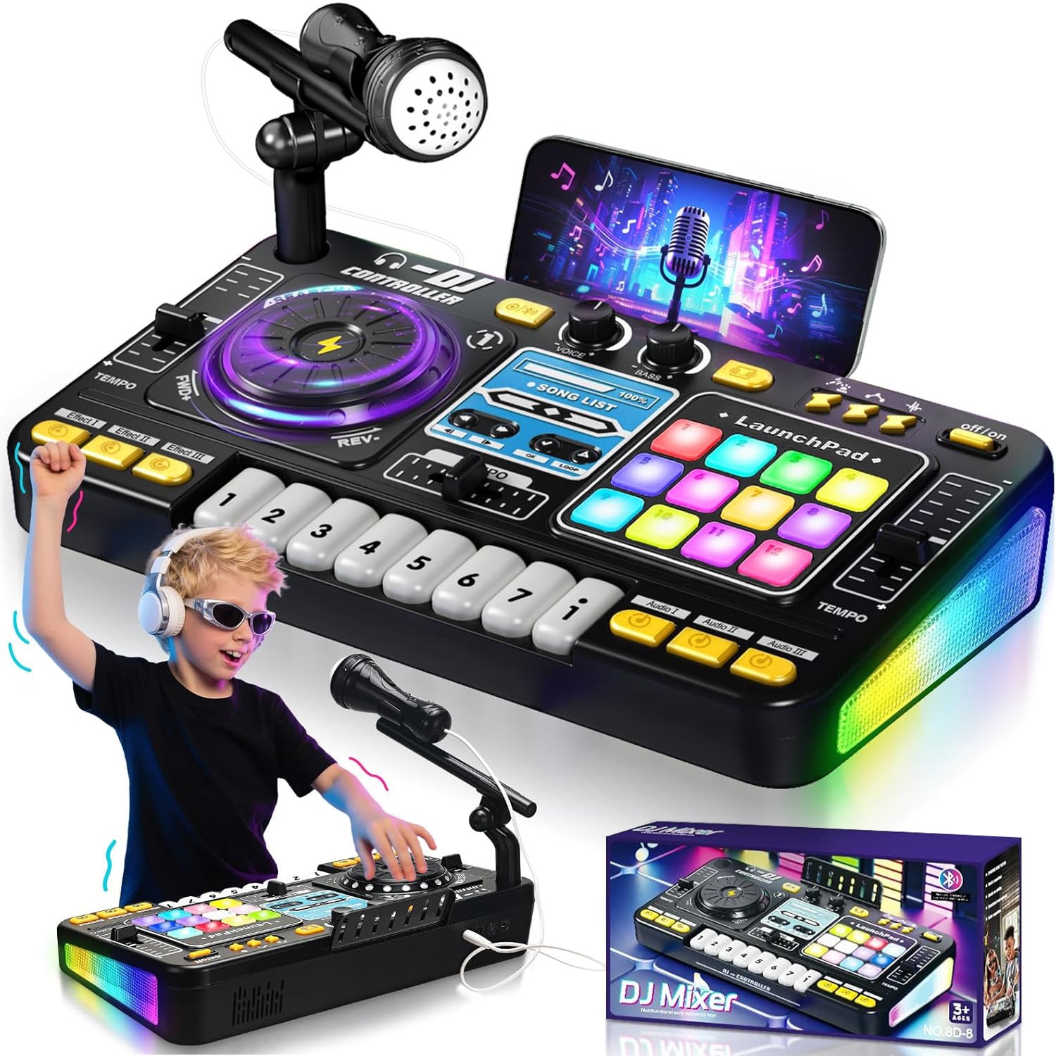 Set DJ Mixer pentru Copii 3-8 Ani, Ydene®, cu Microfon, Clape Pian