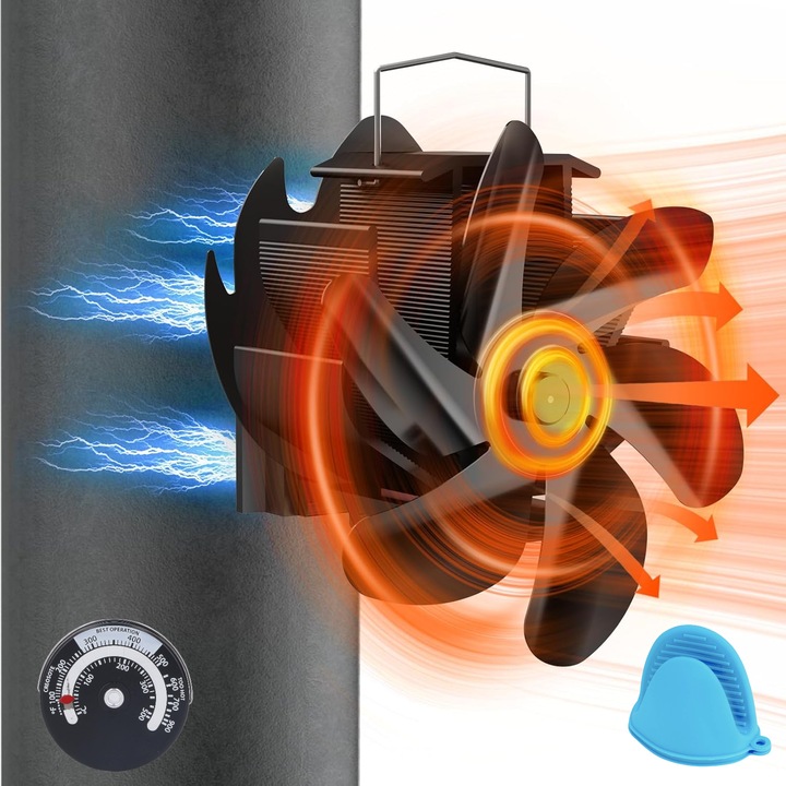 Ventilator soba TechEeee, 6 palete, montaj magnetic, cu termometru si manusa din silicon, fara electricitate, economie de combustibil 38%, zgomot ≤25dB, pentru sobe pe lemne/gaz