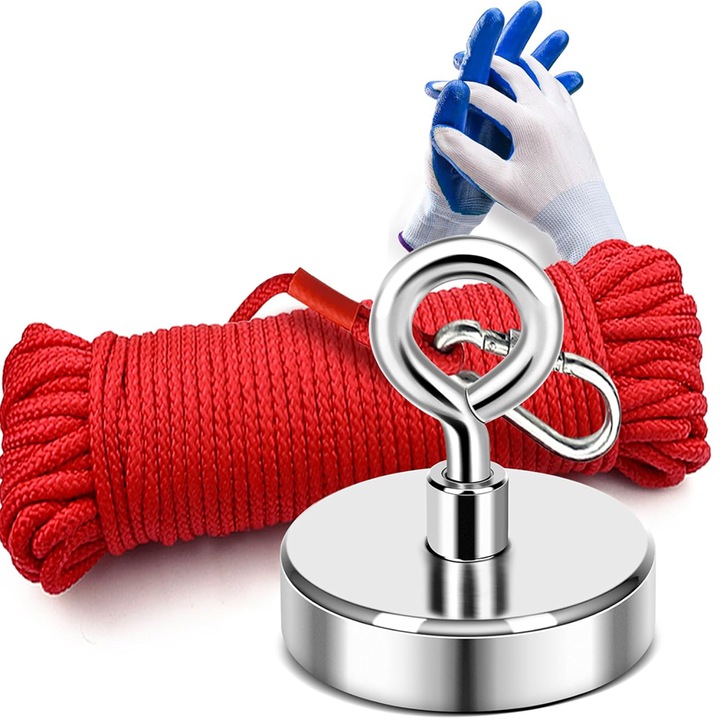 Kit complet de pescuit cu magneti, neodim, manusi de pescuit, sfoara nailon 10M