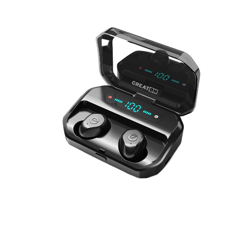 Casti Bluetooth GREATON 5.0, T50, 30mAh, Microfon Dual, Apel HD, Display LED Inteligent, Wireless, Cutie Pentru Incarcare, Negre