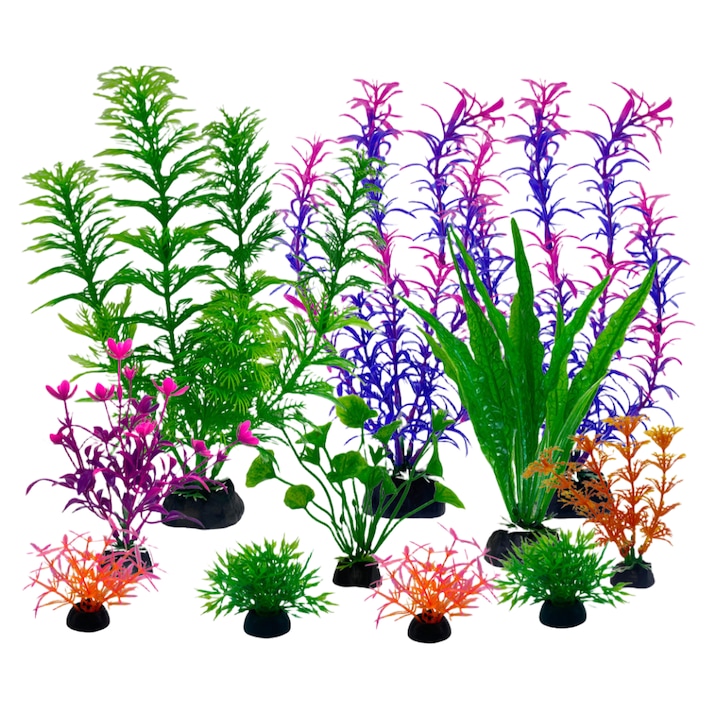 Set de 11 plante artificiale pentru acvariu, multicolor, dimensiuni mici, PVC, reutilizabile