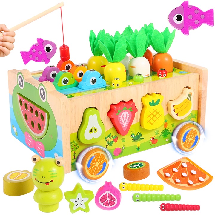 Jucarie educativa din lemn Montessori, set cu 10 blocuri de fructe, 6 morcovi, 6 viermi, 5 pesti, broasca, undita, carucior, multicolor, 21x16x15cm