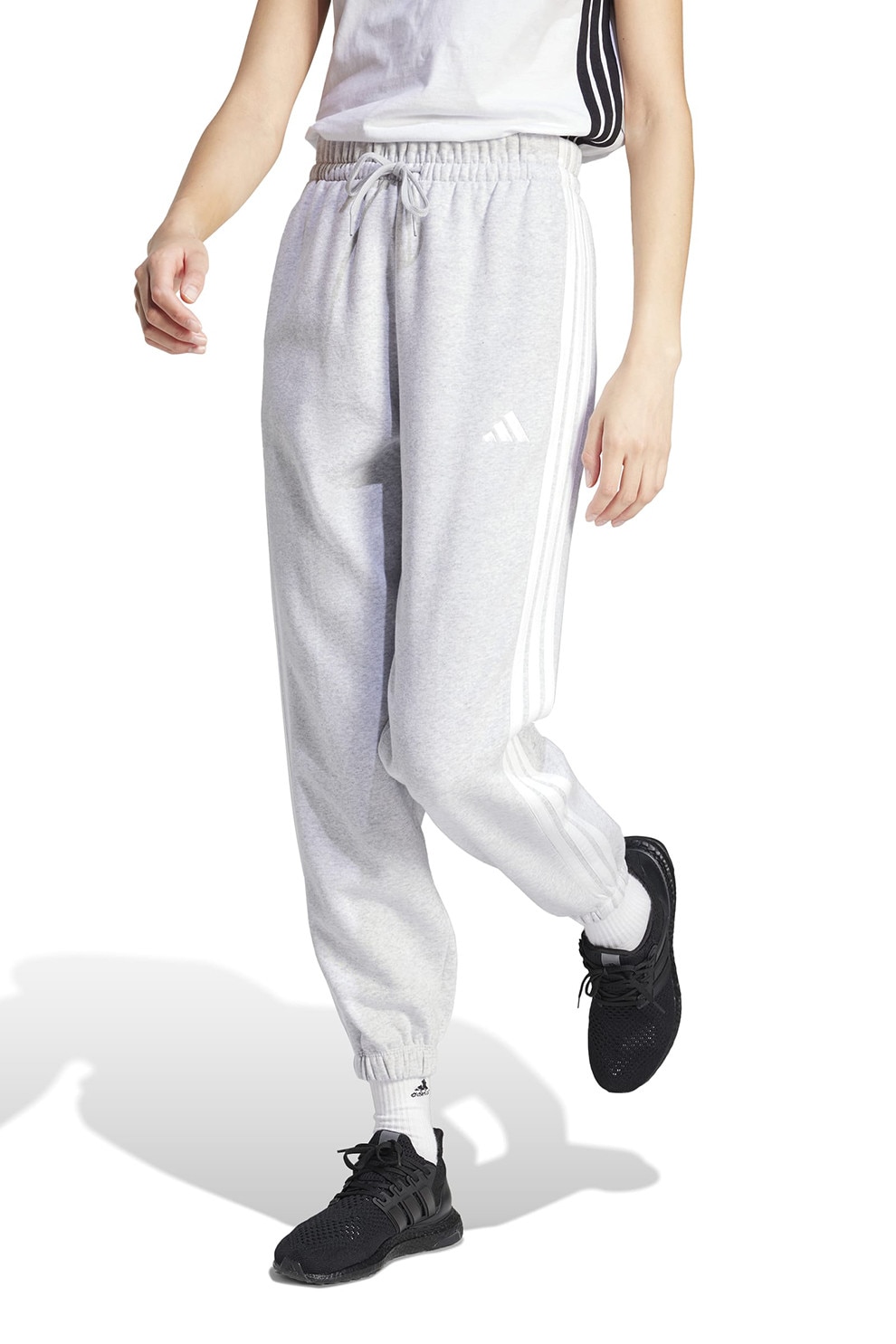 adidas Sportswear, Pantaloni de trening cu talie inalta si snur de ajustare in talie, Alb, Gri deschis, M
