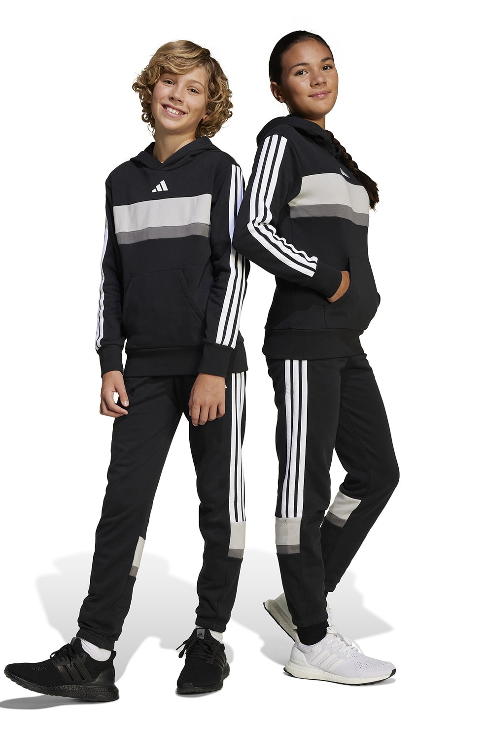 adidas Sportswear, Pantaloni de trening din amestec de bumbac cu logo, Alb, Negru, Gri, 128 CM
