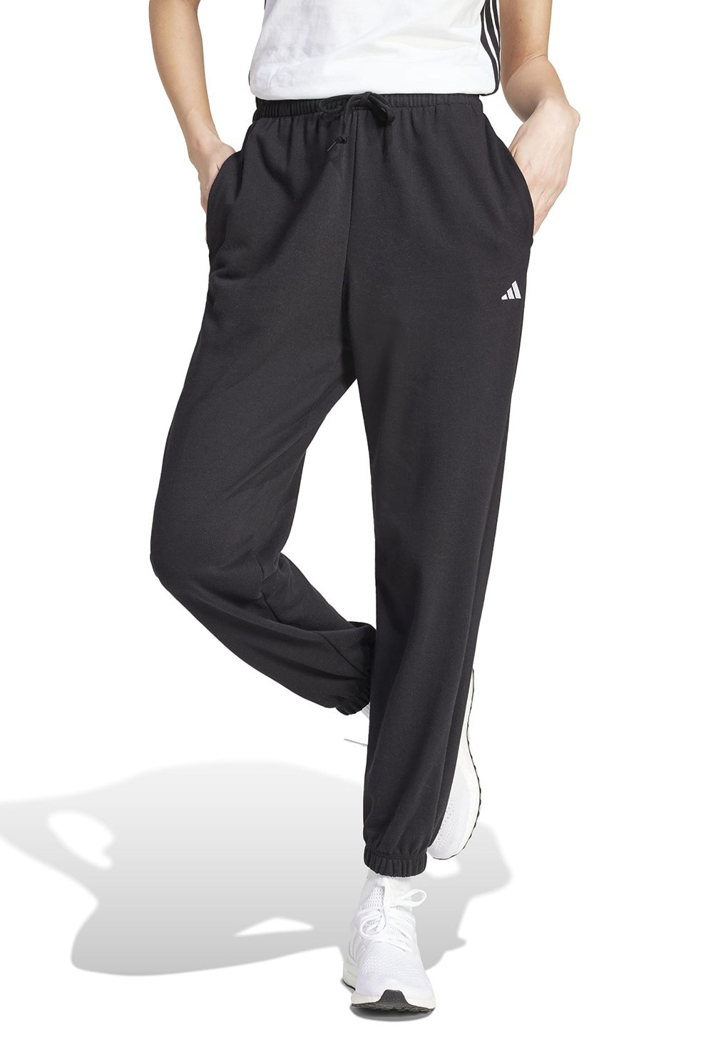 adidas Sportswear, Pantaloni de trening cu snur in talie si croiala conica, Alb, Negru, L