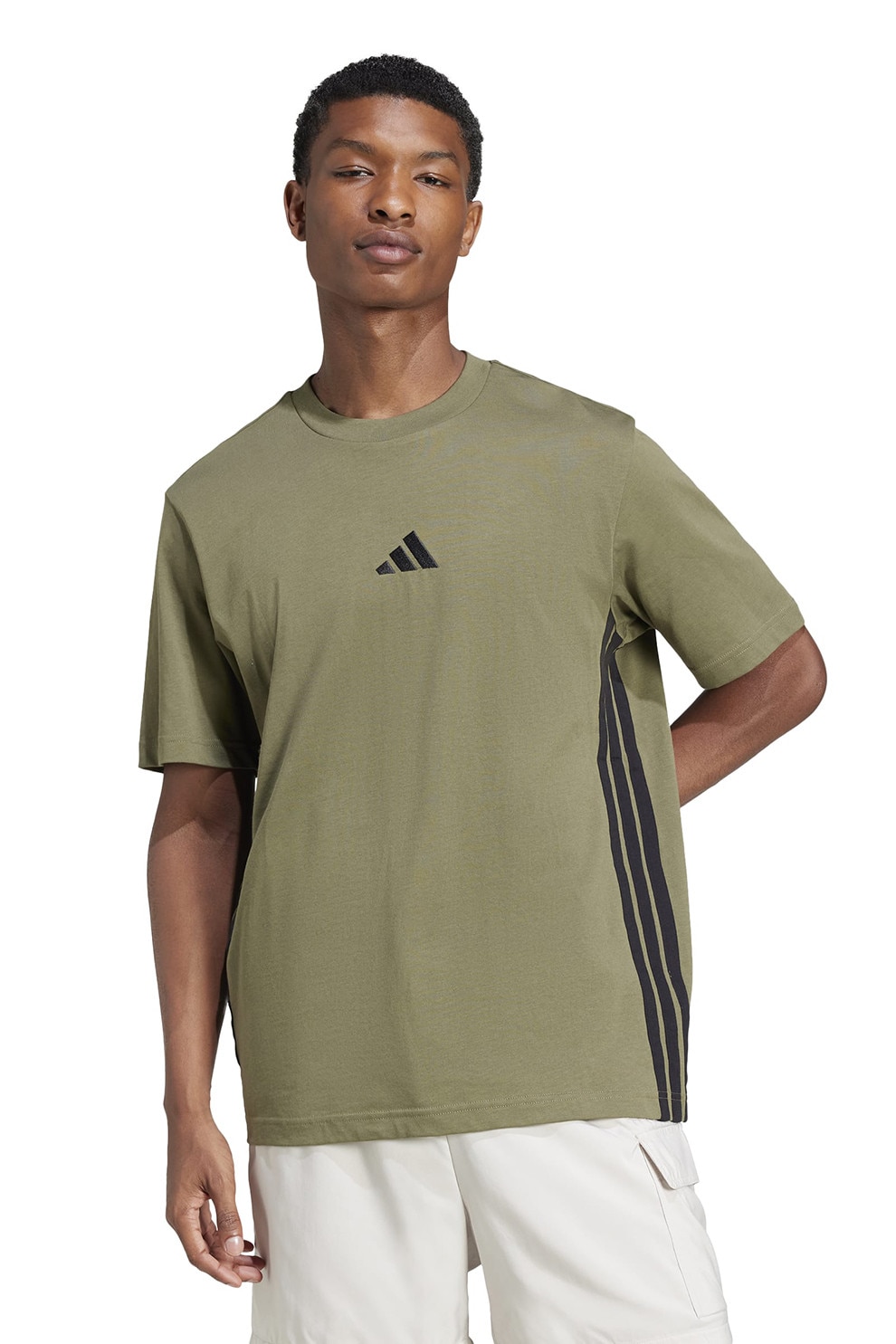 adidas Sportswear, Tricou din bumbac cu decolteu la baza gatului si logo, Negru, Verde sparanghel, S