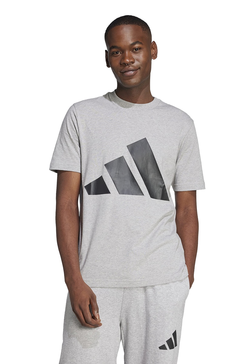 adidas Sportswear, Tricou cu decolteu la baza gatului si imprimeu logo, Negru, Gri deschis, M