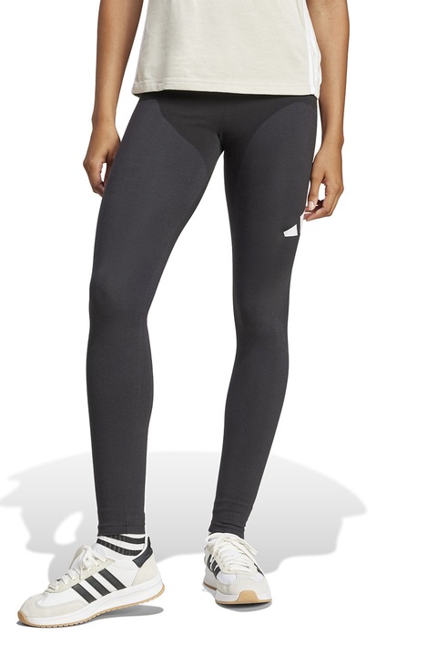 adidas Sportswear, Colanti cu talie inalta si logo, Negru/Alb optic