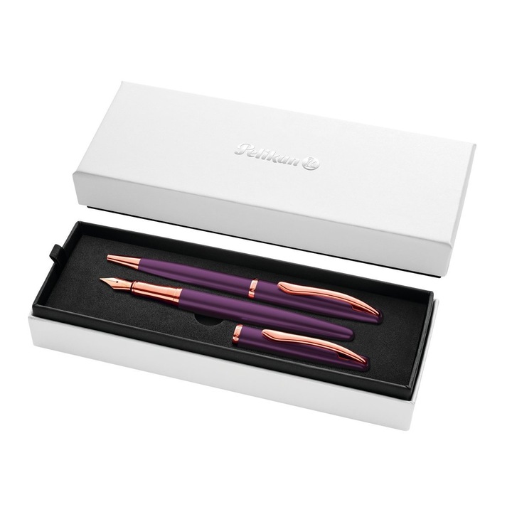 Set 2, Pelikan Jazz Noble Elegance Viola, Pix + Stilou, 1 Patron Cerneala Inclus, In Cutie Pentru Cadou