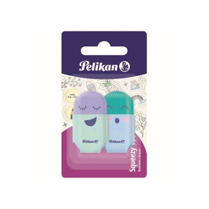 Radiera Pelikan, Squeezy You, Fara Ftalati Si Pvc, 52X28X11Mm, 4 Motive/4 Culori Pastel, Set 2 Bucati, Blister