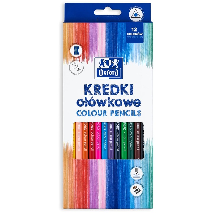 Oxford színes ceruza, 3 mm hegy, háromszögletű, 12 darabos készlet + ceruzahám, karton dobozban