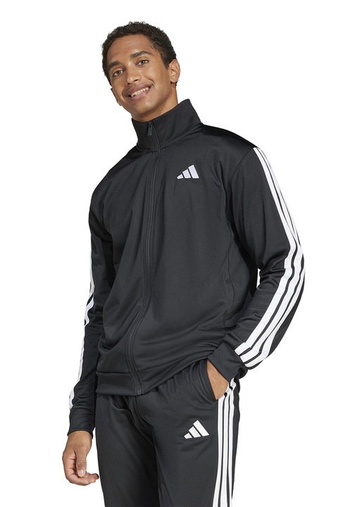 adidas Sportswear, Bluza de trening cu fermoar si benzi logo contrastante, Negru/Alb optic