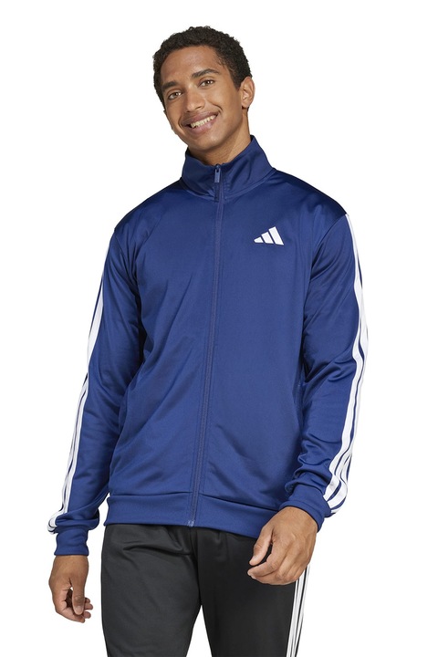adidas Sportswear, Bluza de trening cu fermoar si benzi logo contrastante, Albastru inchis/Alb optic