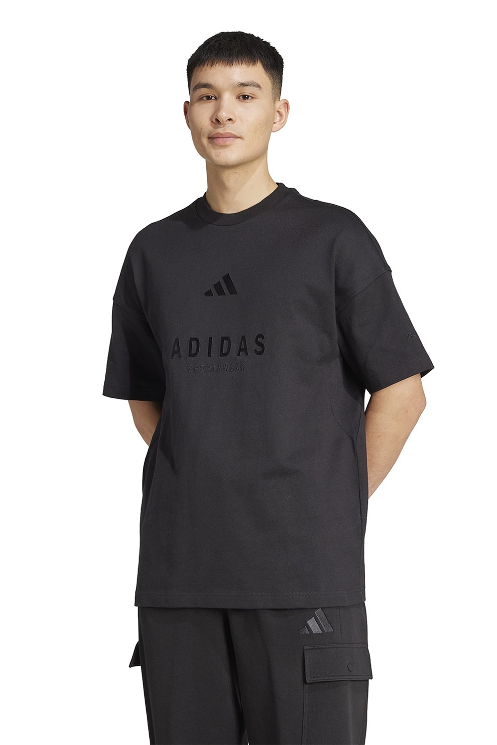 adidas Sportswear, Tricou supradimensionat cu logo, Negru, XL