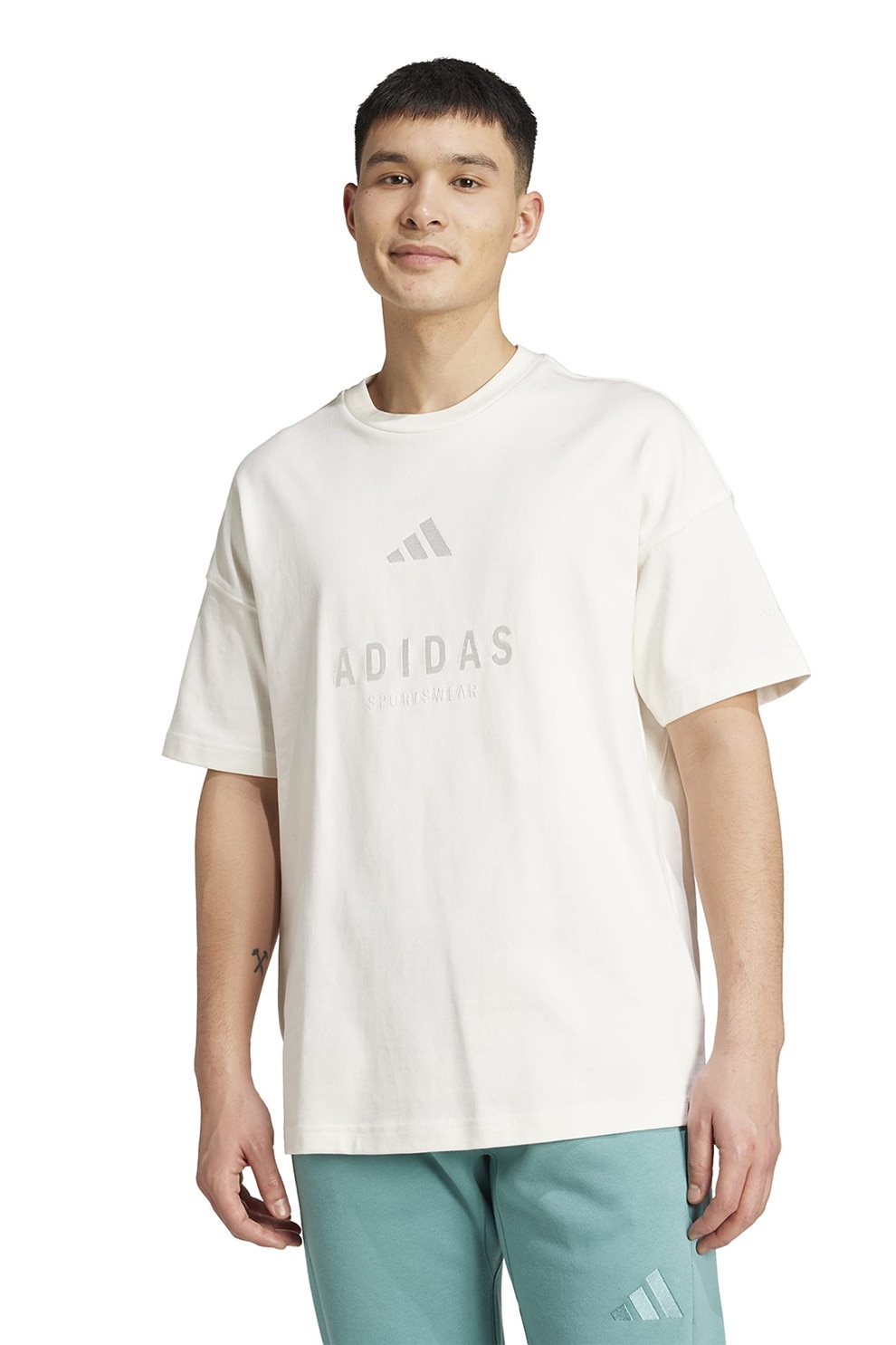 adidas Sportswear, Tricou supradimensionat cu logo, Alb optic, XL