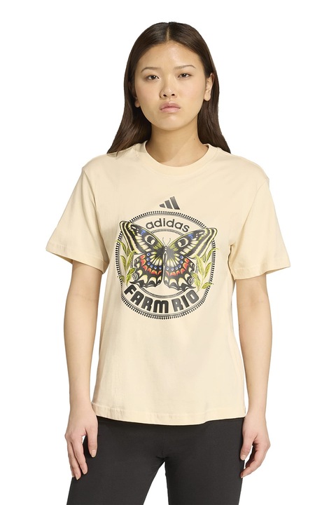 adidas Sportswear, Tricou de bumbac cu imprimeu, Negru stins/Verde feriga/Bej deschis