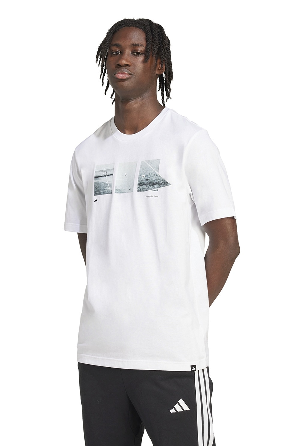 adidas Sportswear, Tricou cu decolteu la baza gatului si imprimeu foto, Negru stins, Alb optic, Albastru glaciar, S