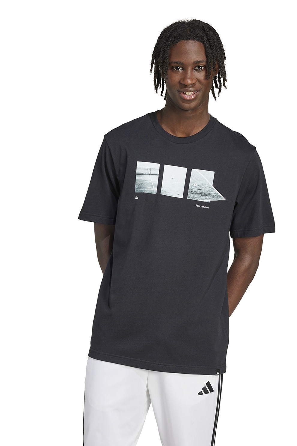 adidas Sportswear, Tricou cu decolteu la baza gatului si imprimeu foto, Negru, Verde pal, Alb optic, S