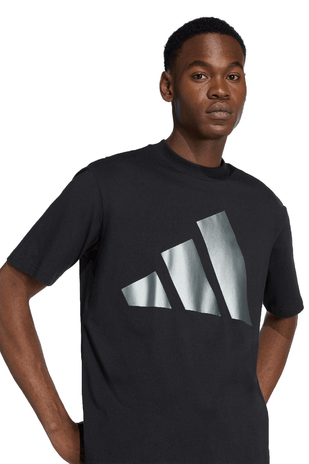 adidas Sportswear, Tricou cu decolteu la baza gatului si imprimeu logo contrastant, Negru, Argintiu, L