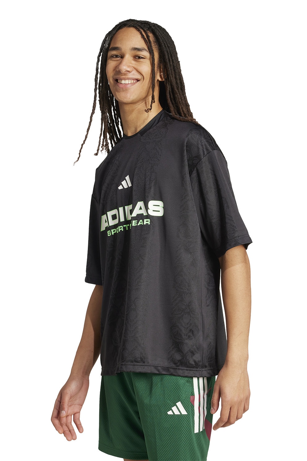 adidas Sportswear, Tricou cu decolteu la baza gatului si imprimeu logo, Verde lime, Gri antracit, M