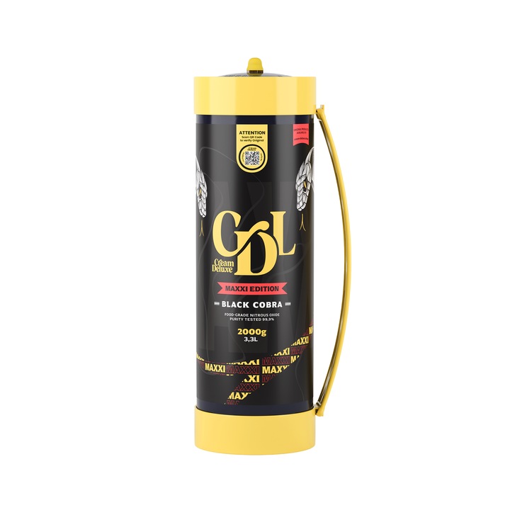 Cilindru N2O 2000g Cream Deluxe Black Cobra Edition, 99.9% puritate, carcasa din otel, maner plastic