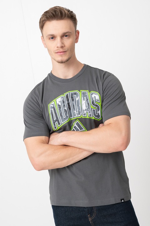 adidas Sportswear, Tricou din bumbac Camo Script, Gri inchis