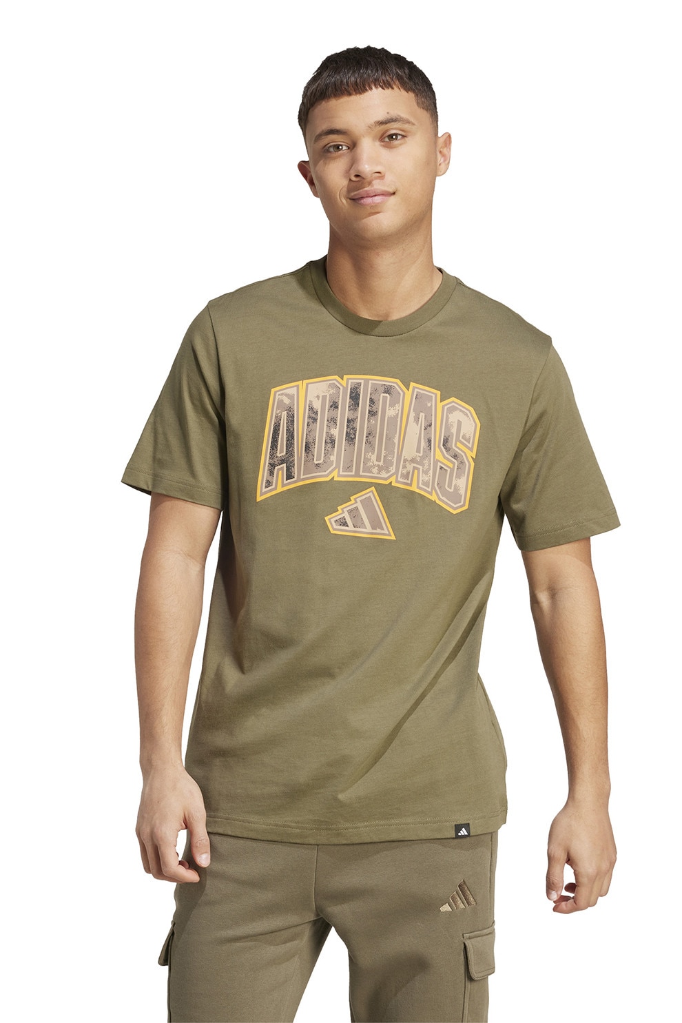 adidas Sportswear, Tricou din bumbac Camo Script, Kaki, Mustar, M