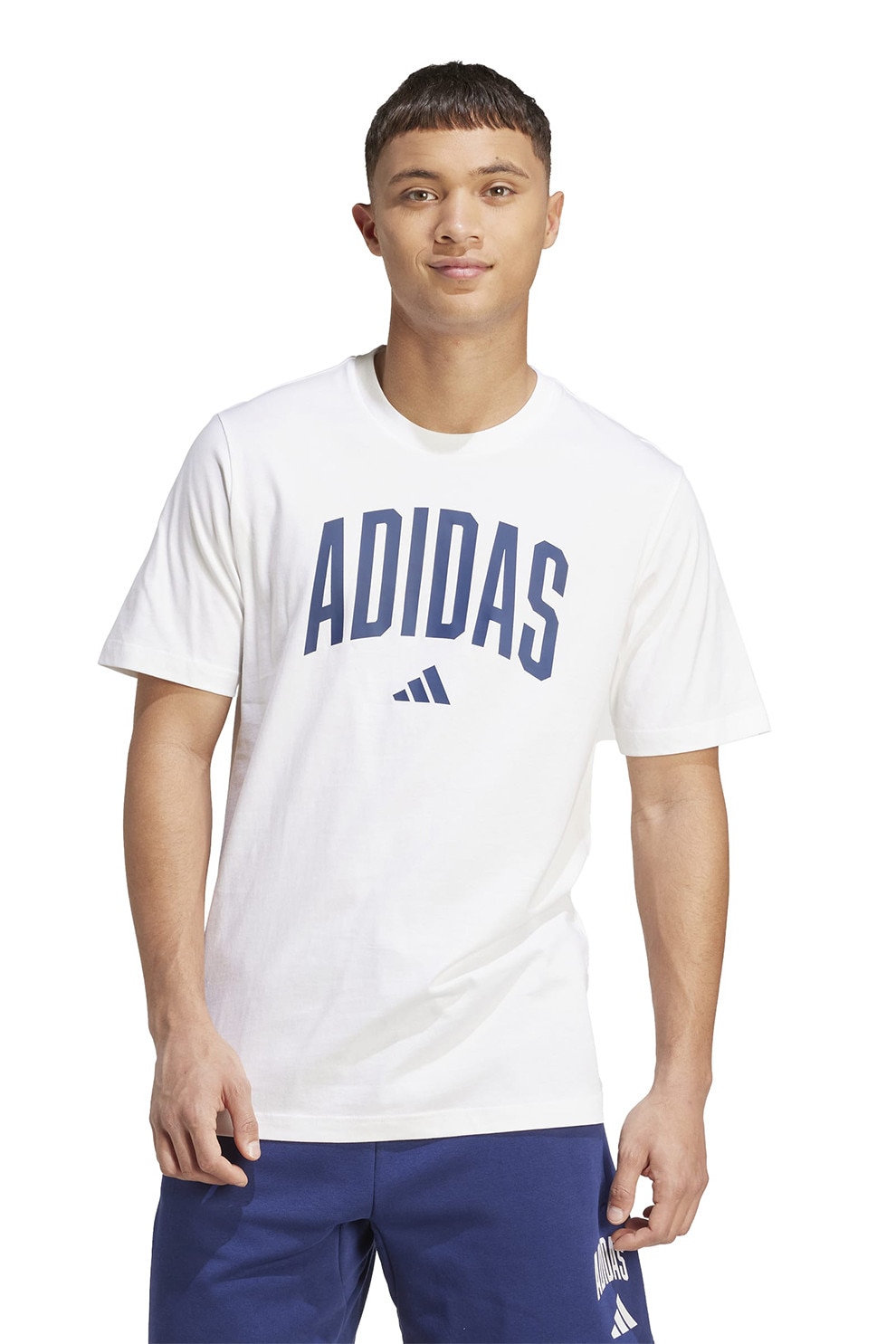 adidas Sportswear, Tricou lejer de bumbac cu imprimeu logo, Alb, Bleumarin, S