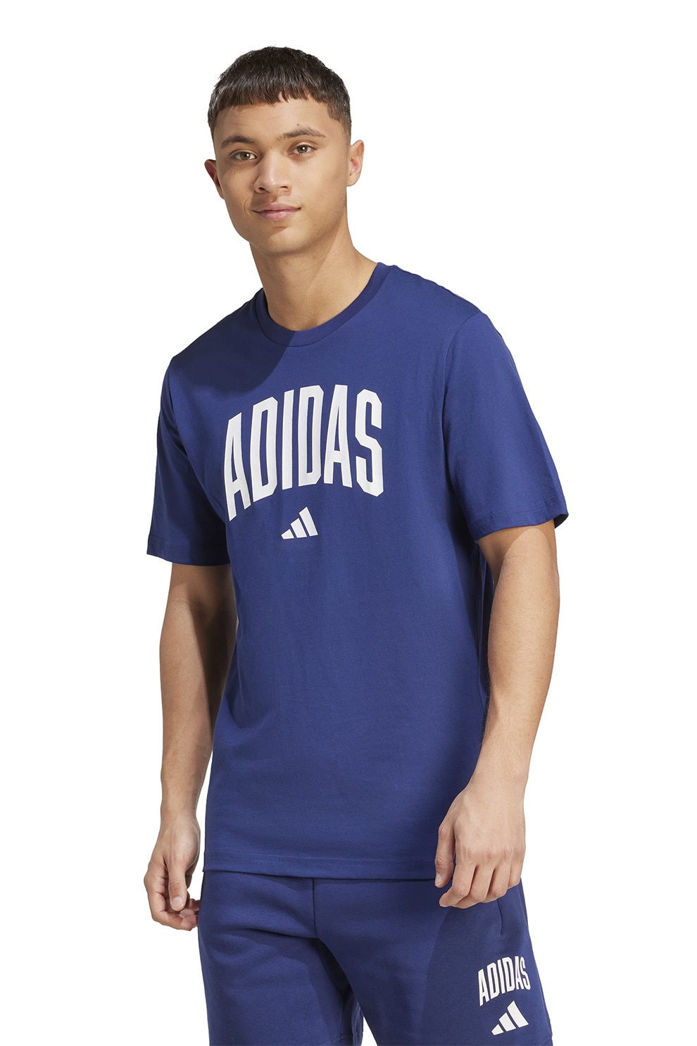 adidas Sportswear, Tricou lejer de bumbac cu imprimeu logo, Albastru inchis, Alb optic, L