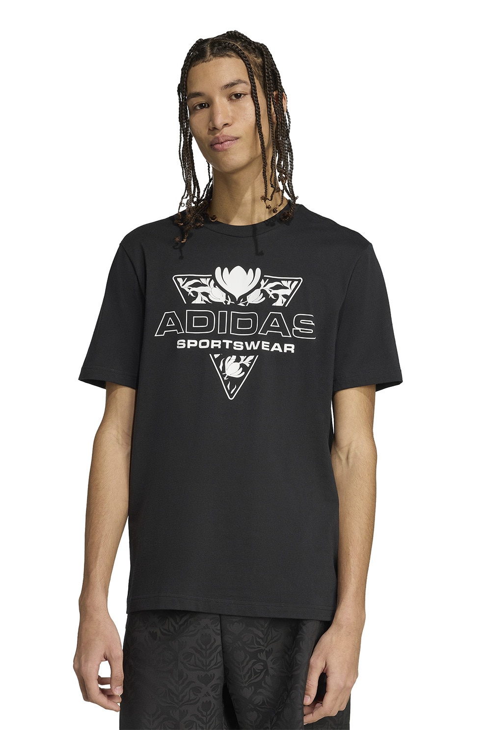 adidas Sportswear, Tricou cu imprimeu logo, Alb, Negru stins, L