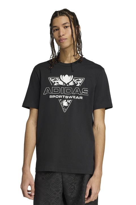 adidas Sportswear, Tricou cu imprimeu logo, Alb/Negru stins