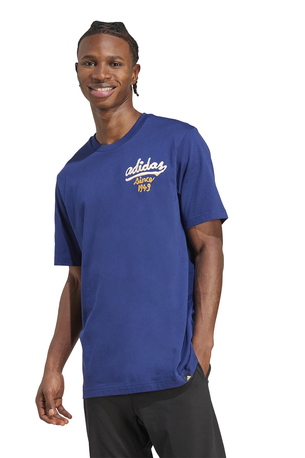 adidas Sportswear, Tricou din bumbac cu imprimeu pe partea din spate, Albastru inchis, Alb murdar, M