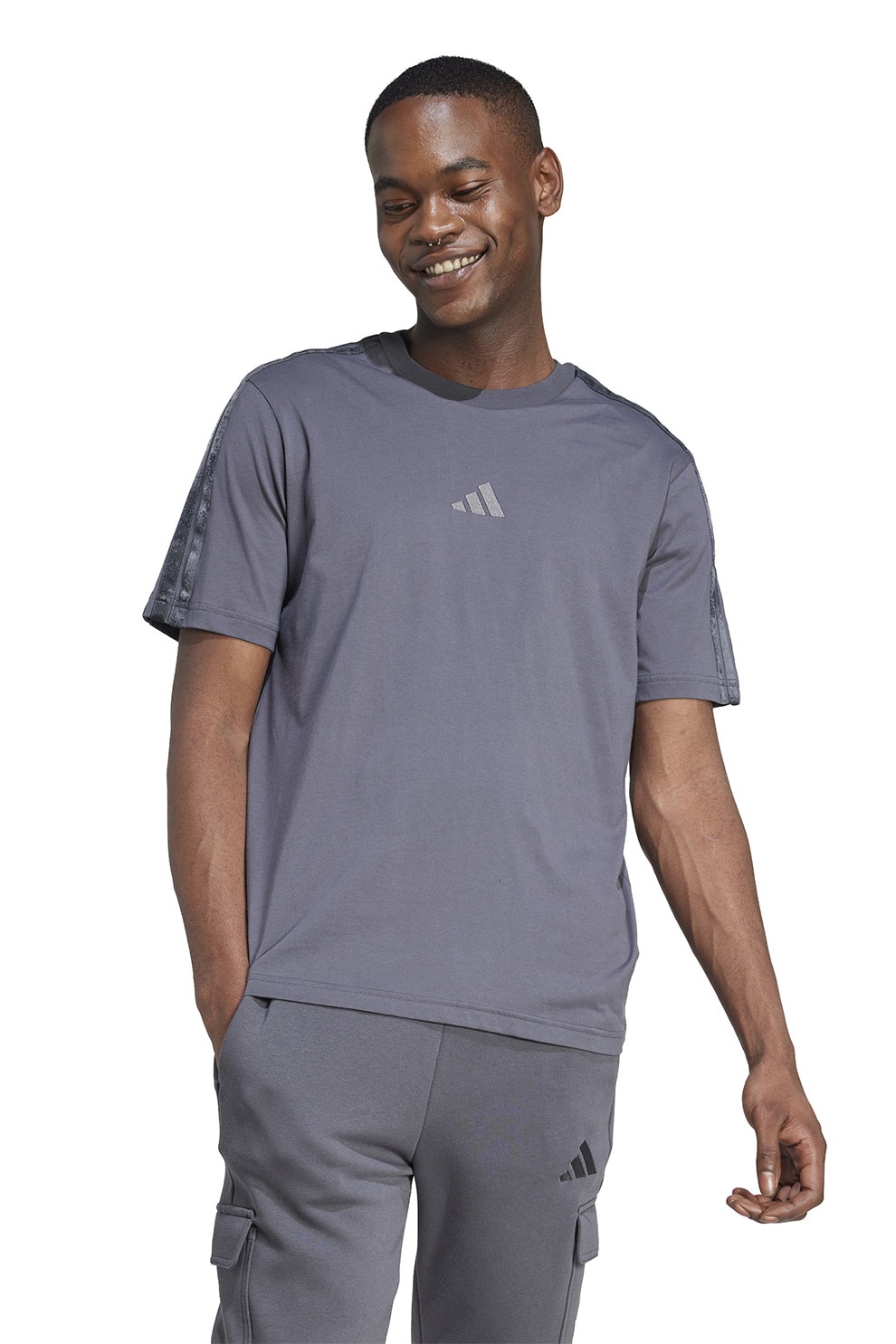 adidas Sportswear, Tricou de bumbac cu logo, Gri cenusiu, L